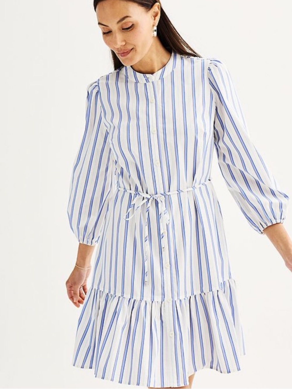 None West Blue and White Striped Button-Front Dress